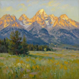serenity at grand teton national park, oil on canvas artwork by vincent van gogh, nostalgic, golden hour