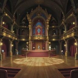 interior wide angle shot of a fantasy cabaret in the style of studio ghibli and makoto shinkai, clean lines