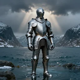 suit of armor made of water, norway fjord, medium portrait, hudson river school, max rive, water armor, studio lighting, stormy seas, beautiful, bokeh, snowy, storm clouds, god rays, d & d, fantasy, elegant, low key color palette, concept art, roger deakins and greg rutkowski and alphonse mucha