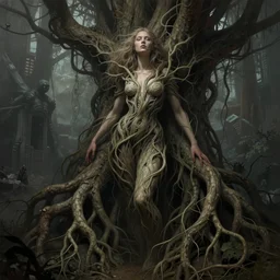 an epic highly detailed illustration of a gorgeous woman with massive intertwining tree roots as her body, in the style of greg rutkowski and drew struzan and algernon blackwood, realistic digital painting, muted color, brutalist futuristic, cinematic lighting, trending on artstation