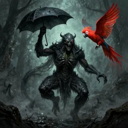 an umbrella cockatoo summoning Cthulhu. dark fantasy, horror illustration.
