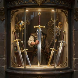 shop window for magical weapons, shopkeeper, magic sword, deep focus, d & d, fantasy, intricate, elegant, highly detailed, digital painting, artstation, concept art, matte, sharp focus, illustration, hearthstone, art by artgerm and greg rutkowski and alphonse mucha