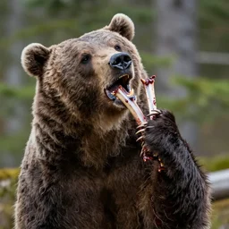 a bloodthirsty bear, raised up on one side, with three ribs in its mouth between its teeth