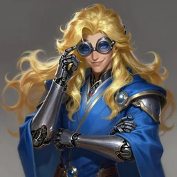 a highly detailed illustration of thick wavy bright blonde haired effeminate guy wearing blue robe and goggles and cybermechanical arms, blue eyes, dramatic smiling pose, intricate, elegant, highly detailed, centered, digital painting, artstation, concept art, smooth, sharp focus, league of legends concept art, wlop