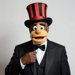 portrait photo still of real life mr garrison with mr hat hand puppet with a striped top hat, 8 k, 8 5 mm, f. 1 4