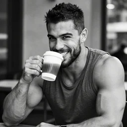 stock photo of gigachad drinking coffee, muscular, strongest jawline in history, black and white, most beautiful smile award winner for five consecutive years
