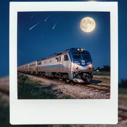 Vintage analog poloroid of amtrak train entering Chicago at midnight, shooting stars, full moon, warm azure tones, red color bleed, film grain, beautiful, brilliant