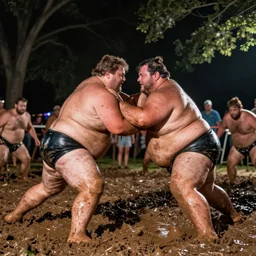 flash photograph of huge fat men from tennessee wrestling in a mud pit, at night in a park