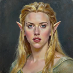 a movie still frame, of scarlett johansson as a female elf, oil on linen, beautiful painting, by tooth wu, artgerm, fantasy concept art portrait, by bayard wu, trending on artstation,