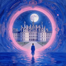 pink and royal blue water in cyberpunk theme looking at an opening interstellar portal to renaissance italy, the portal opens to chateau de chambord during a blood moon, intricate, elegant, by greg rutkowski, claude monet, conrad roset, takato yomamoto, james jean, rule of thirds, seductive look,