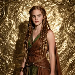 redskin emma watson as druidess, long dreadlocks, brown and green cloth, shiny background, intricate, elegant, highly detailed, digital painting, artstation, concept art, smooth, sharp focus, illustration, artgerm, bouguereau