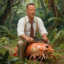Tom Hanks as forrest gump riding a giant shrimp in the jungle, realistic digital painting, photoreailstic, realistic face, amazing detail, sharp