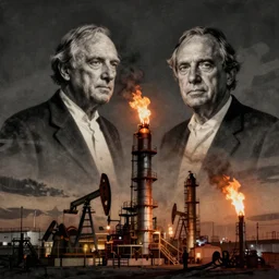double exposure lithograph of john d rockefeller and an oil refinery lit by gas flares in the style of true detective