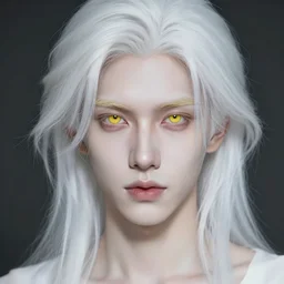 portrait of a handsome ethereal androgynous pale man with yellow eyes and white shoulder length hair