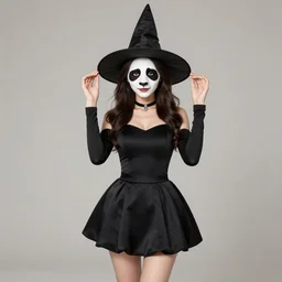 elegant woman with panda face wearing a wizard's hat and short skirt