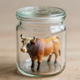 a small bull inside a glass jar with holes in the lid
