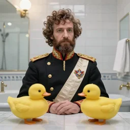 portrait of emperor nikolai romanov 2 lies in the bathroom. there is a yellow duck in the bathroom. photorealism