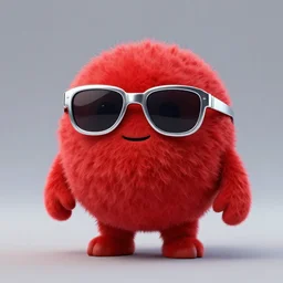 3 d render of completely red hairy friendly antropomorphic cartoony creature wearing chrome shades, similar to jake sully, without nose, full body, simple, cute, white background, unreal engine 5, octane render, highly detailed hdr