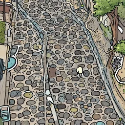 a lonely cobblestone street with a tree on a cliff over the sea at sunset, 2d illustration, kawaii manga style