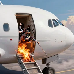 An airplane with the door open with people skydiving into flames