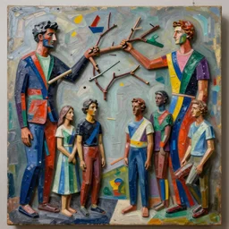 handmade plaxiglass sculpture connected by branches and twigs, in a painting made by yves tanguy, sculpted by david smith, painting by kay sage, by nate boyce, digital sculpture, by tyler edlin and jean delville, by john berkey and filip hodas, highly detailed, soft lighting, rendered in octane, oil on canvas, cinematic lighting, vibrant
