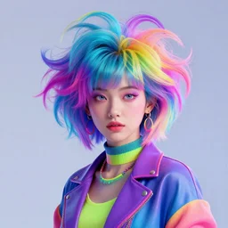 portrait of a post modern vaporwave fashion model with an exuberant hair style, colorful, octane render, vray, detailed, halftoned, editorial illustration, matte print, grainy light, ( ( dither ) ), risograph, high contrast, screen print, textured