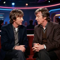 paul mccartney and john lennon sitting and talking at a futuristic night club, photorealistic, detailed, award - winning photo
