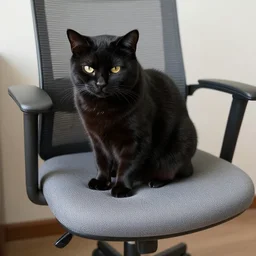 annoyed black cat sitting on a grey rotating office chair
