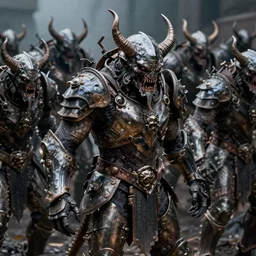 armored demon horde, ultra realistic, concept art, intricate details, eerie, highly detailed, photorealistic, octane render, 8k, unreal engine, art by artgerm and Blaz Porenta