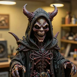 photo taken of an epic intricate, ultra detailed, super realistic sculpture of a nightmarish hellish demonic hooded grim reaper animatronic on display in a workshop, created by weta workshop, zoomed in shots, photorealistic, sharp focus, f 0. 4, face centred, macro photography, golden ratio, golden hour