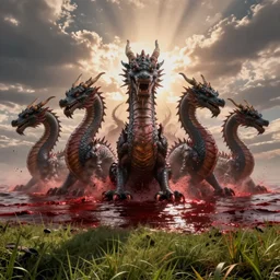 mysterious monster rising from the bloody sea, seven dragon heads sticking out of the water, landscape, cinematic view, epic sky, detailed, concept art, low angle, high detail, warm lighting, volumetric, godrays, vivid, beautiful, trending on artstation, by jordan grimmer, huge scene, grass, art greg rutkowski