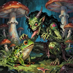 Carnivore godlike scary fairy eating a frog alive , giant mushrooms , psychedel tint , Junji Ito and Greg rutkowski , masterpiece , trending on artstation