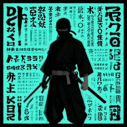 samurai ninja random japanese words in the turquoise and black color as scarlxrd album cover