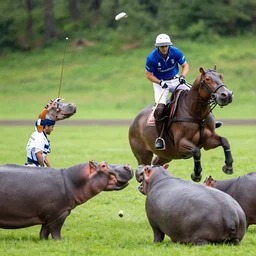 polo played with humans and hippopotamuses. sports photograph.