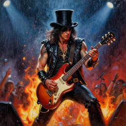 a painting of slash playing the guitar on stage, rainy night, lights, particles, depth of field, raindrops, crowd, lights, top hat by greg rutkowski, featured on artstation, epic composition, dramatic theme, cgsociety, deviantart, conceptartworld, screenshot from guitar hero cutscene, brushstrokes, brushstroke - laden, flames, rock'n'roll