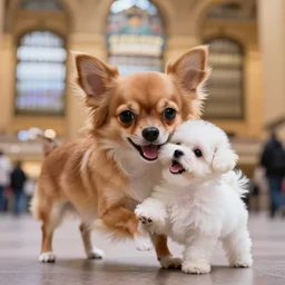 a photorealistic closeup image of a cute brown colored long haired chihuahua cocker spaniel dog playing with a happy white bichon frise puppy at grand central station. brightly lit. extreme detail. 4 k hd unreal engine