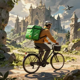 a bicycle food delivery worker with a green bag on his back in Portugal, hearthstone art style, epic fantasy style art by kim jung gi, fantasy epic digital art