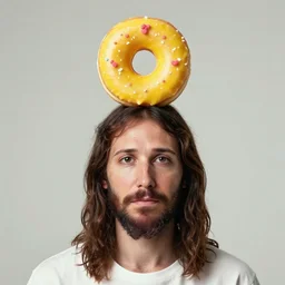 jesus with a yellow donut on top of his head