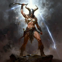 full body portrait of a strong fierce female barbarian wearing a horned helmet triumphantly standing on a cliff by Frank Frazetta and Jean Delville, trending on artstation, cgsociety, wlop, cosmic, epic, stunning, gorgeous cinematic lightning