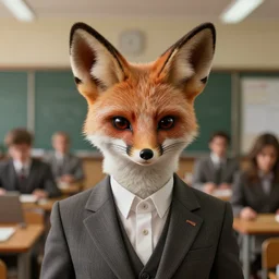retrofuturistic portrait of vulpes vulpes fulva teacher wearing suit working at a school, close up, quint buchholz, wlop, dan mumford, artgerm, liam brazier, peter mohrbacher, raw, featured on artstation, octane render, cinematic, elegant, intricate, 8 k