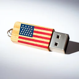wooden usb drive with the united states flag on it, white background, macro lens