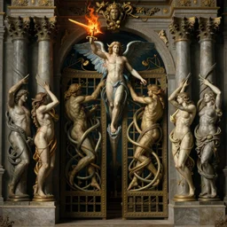an intrincate and ornamental fromt view of the gates of hell, by Rembrandt and Godward, symmetrical composition, symbolist painting, techno gargoyles, entwined bodies, sharp focus, a seraphim with a firey sword guarding 4k