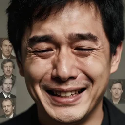 close-up face portrait of a human crying and smiling, Les Edwards, Zdzislaw Beksinski, Carl Gustav Carus, John Harris, Michal Karcz, Zhang Kechun, Mikko Lagerstedt, Scott Listfield, Steven Outram, Jessica Rossier