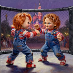 the doll chucky in the middle of a cage fighting with doll annabelle, epic mma fight, dramatic poses, disneyland as backdrop, oil painting, by greg rutkowski