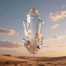 an amazingly stunning picture of a transparent crystal structure floating high up in the sky over a desert, entrapping the souls that got lost in the desert, intricate detail, sunset, serene, volumetric lighting, volumetric clouds, 8 k, photorealistic, digital art trending on artstation