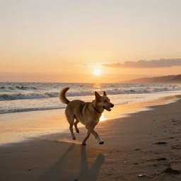 dog running on the beach during a beautiful sunset, photorealistic