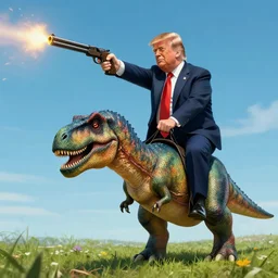 donald trump riding a dinosaur and shooting a gun