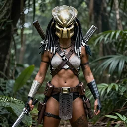 Female predator version of the trophy hunter from the Predator Universe posing in the jungle