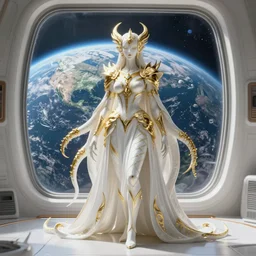 a photo of 8k ultra realistic corrupted lovecraftian white golden humanoid queen standing next to a spaceship window overlooking earth, 8 intricate white and gold tentacles, ornate white and gold armour, white floor, cinematic lighting, trending on artstation, 4k, hyperrealistic, focused, extreme details, unreal engine 5, cinematic, masterpiece