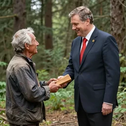 soviet poster of viktor orban, holding a wood piece, giving it to a poor person, forest in background